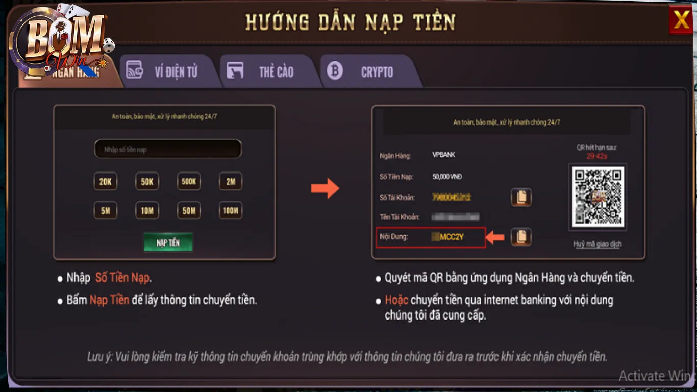 Nạp Tiền BomWin – Siêu Tốc, An Toàn, Không Gián Đoạn Trải Nghiệm 2 Nạp tiền BomWin – Xử lý tự động, an toàn vượt trội