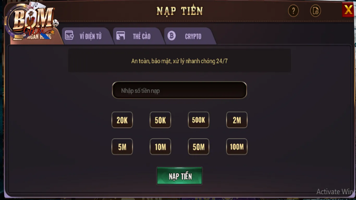 Nạp Tiền BomWin – Siêu Tốc, An Toàn, Không Gián Đoạn Trải Nghiệm 3 Nạp tiền BomWin thông qua kênh ngân hàng trực tuyến